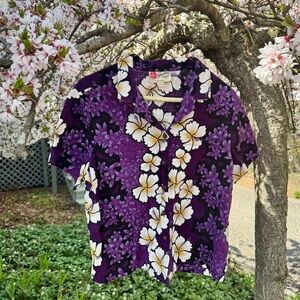 Vintage Hilo Hattie Blossoming Hibiscus Purple Hawaiian Shirt Ladies Size L
